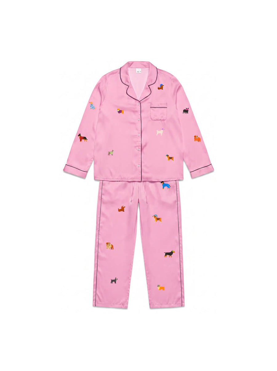 Pink silky dog pajama set from WOOF, close front view of the print