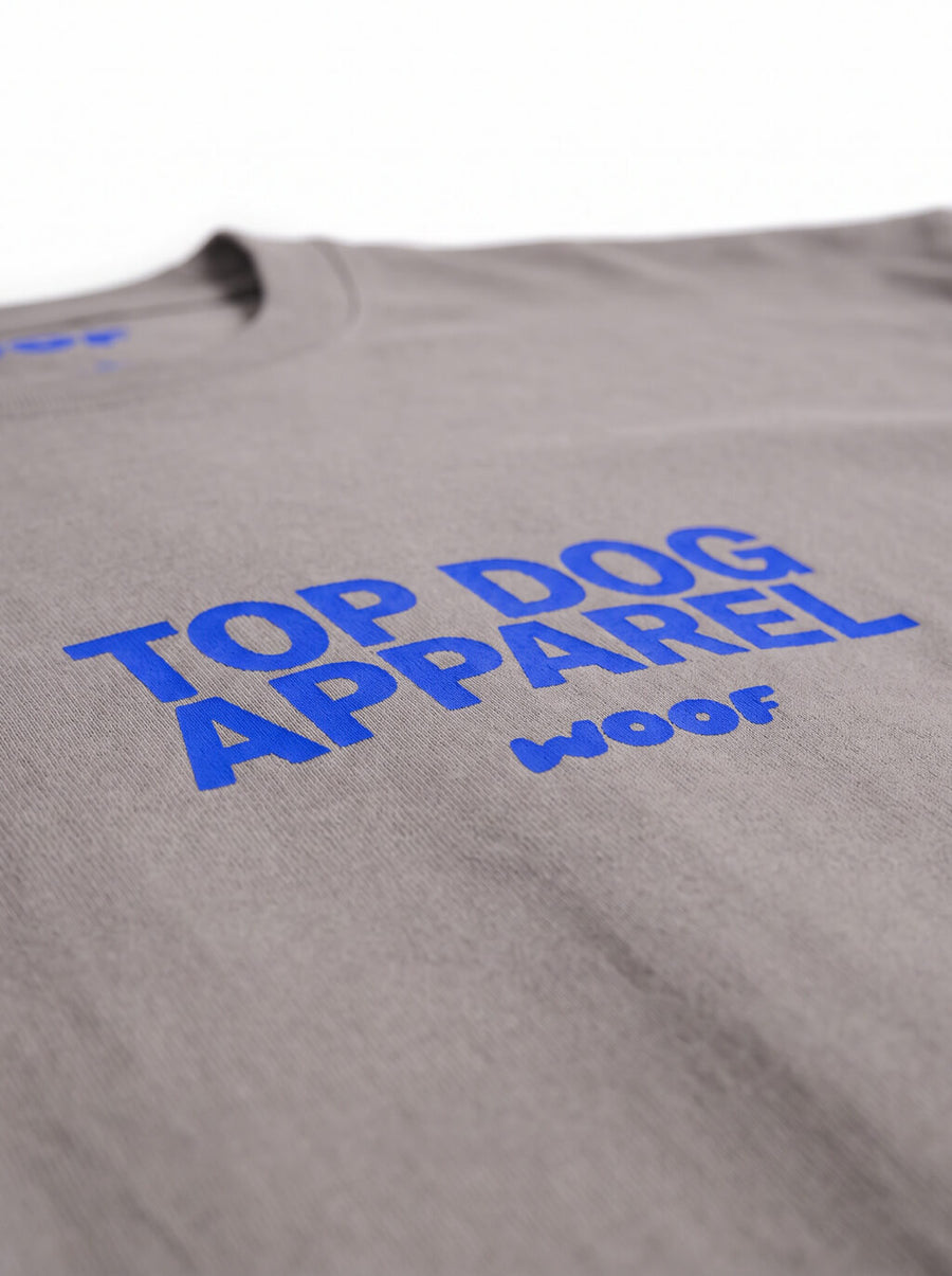 Close up of the print on the grey Top Dog Apparel Long Sleeve T-Shirt from WOOF