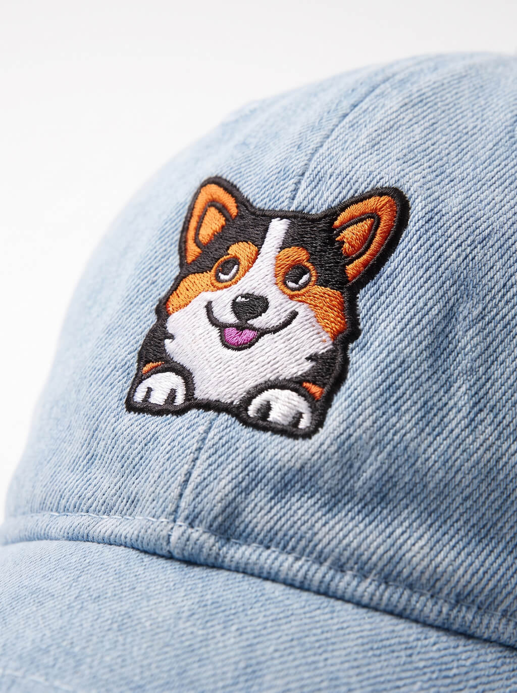 Close up of the tricolor corgi patch on the blue denim cap from WOOF