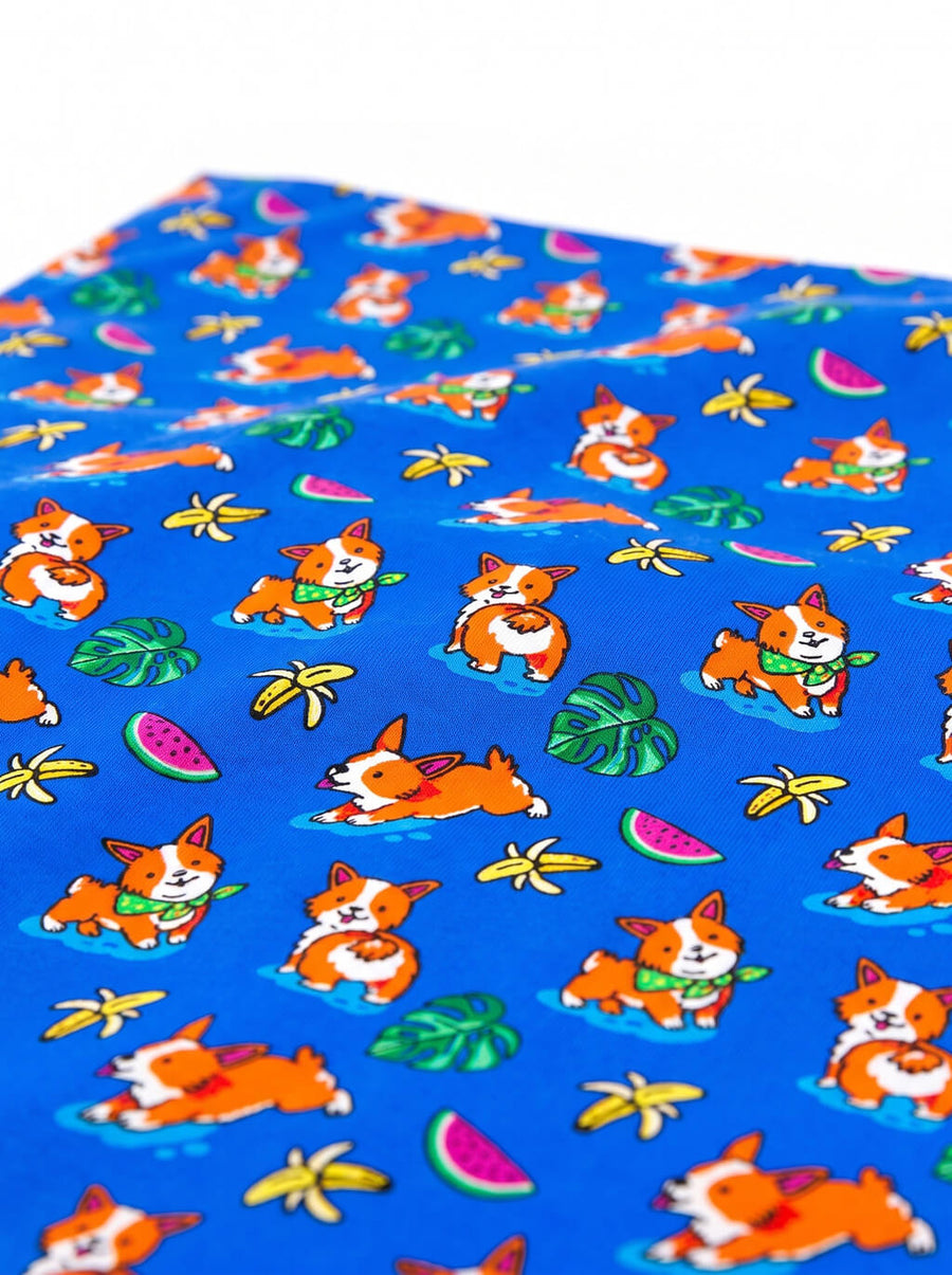 Fabric detail on the blue Tropical Corgi Paradise Dog Bandana from WOOF