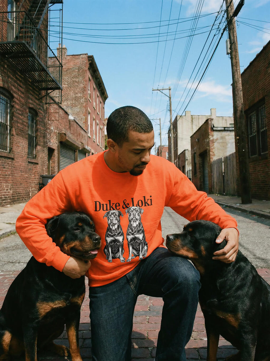 Custom dog sketch sweatshirt from WOOF in orange, portrait example