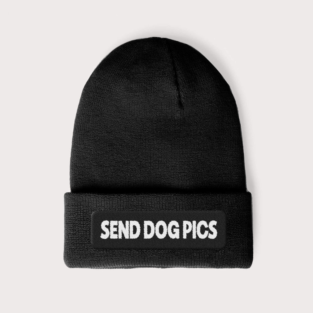 The Send Dog Pics Unisex Beanie from Dogloverclothing.com is a black knit hat for dog lovers, embroidered with SEND DOG PICS in white on the folded brim, against a plain light gray background.