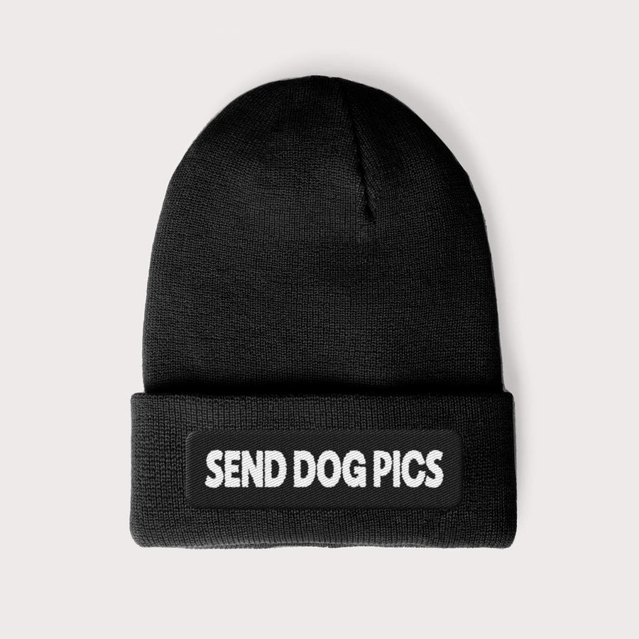 Black Send Dog Pics Beanie from WOOF with SEND DOG PICS embroidered in white on the folded brim