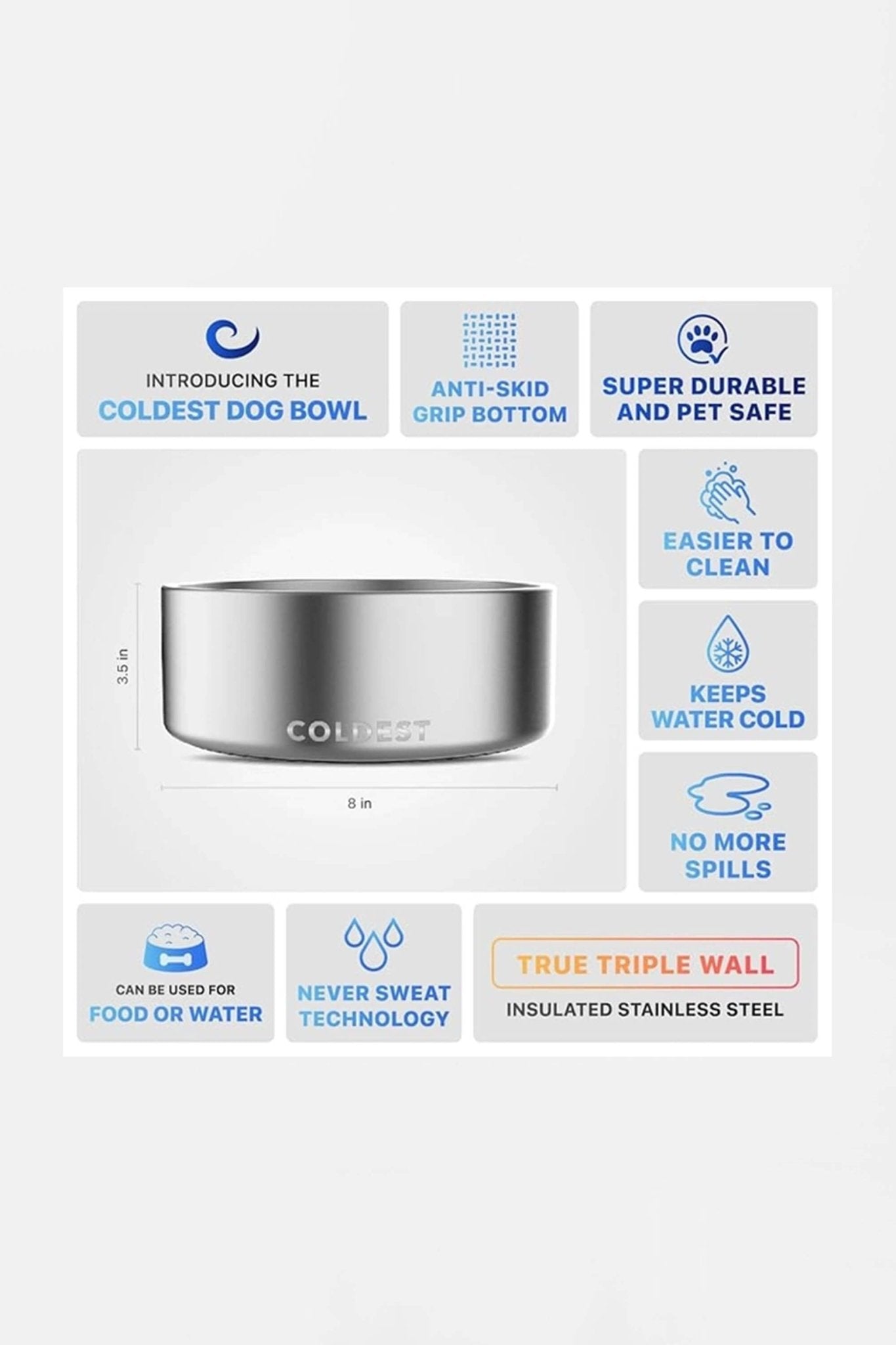 Coldest Stainless Steel Metal Dog Bowl (64oz).