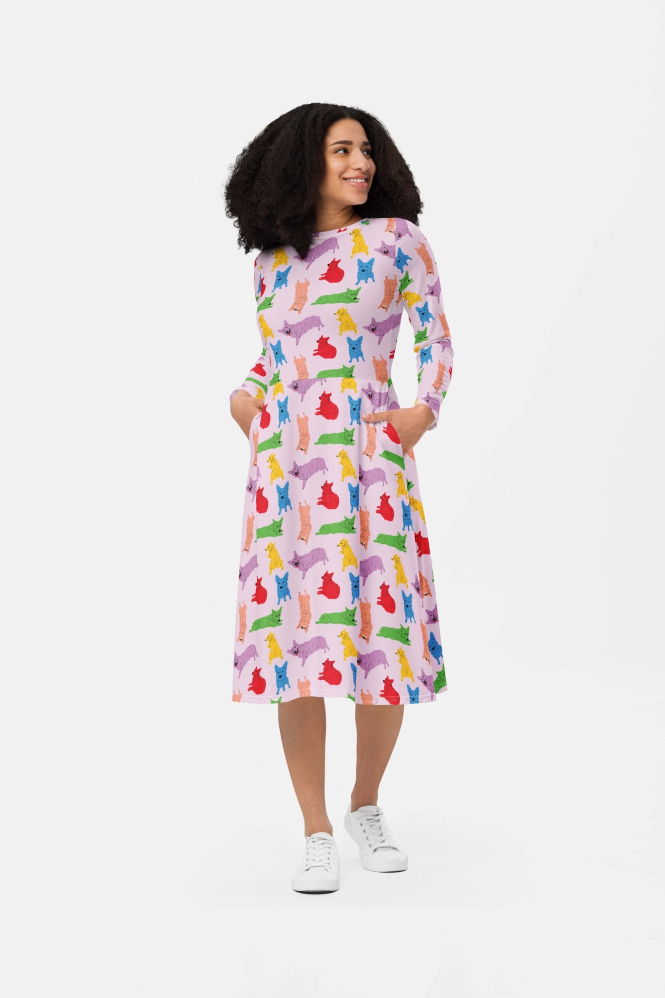 Supreme Corgi Confetti Long Sleeve Midi Dress - Dogloverclothing.com