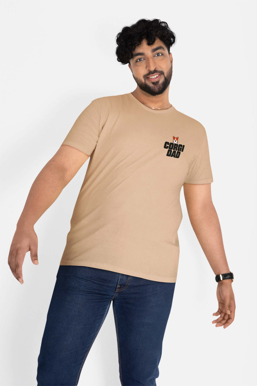 Tan Corgi Dad Premium T-Shirt from WOOF, front view with the corgi dad print