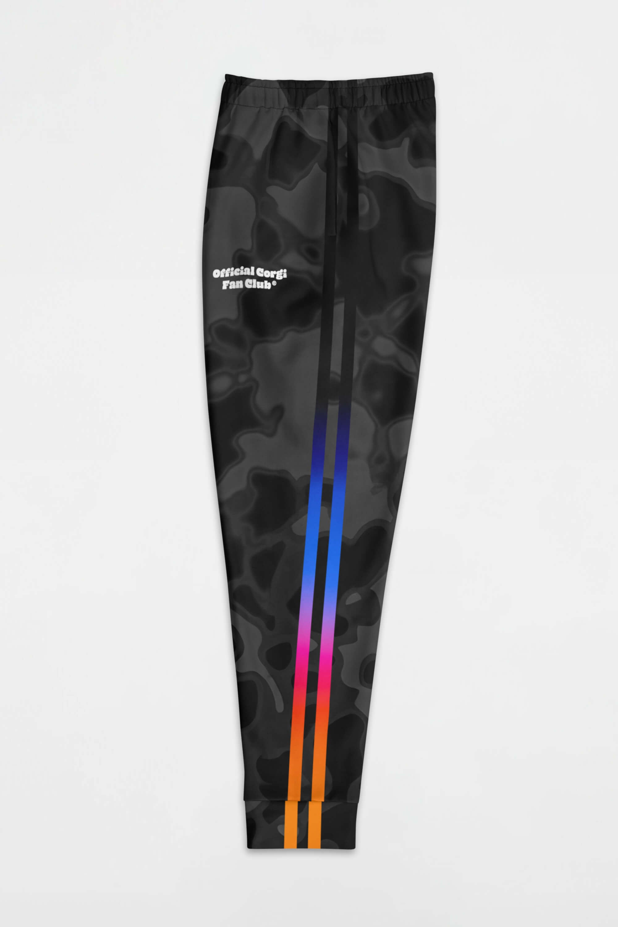 The Official Corgi Fan Club© Elite Camo Joggers by Dogloverclothing.com feature eco-friendly black camo, “official Goori Fan Club” in white on the left thigh, and three gradient stripes in orange, pink-blue, and purple down the left leg.