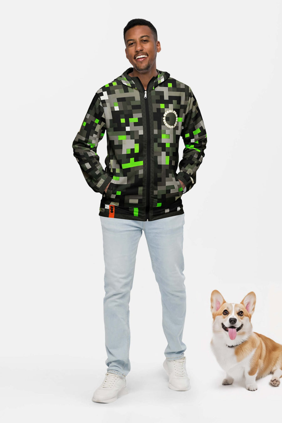 Corgi Fan Club Dogwalker Rain Jacket from WOOF, front view worn by a model