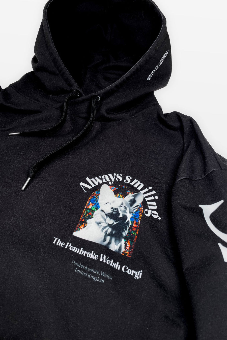 Detail of the corgi illustration on the Corgi Supreme Tribute Hoodie from WOOF