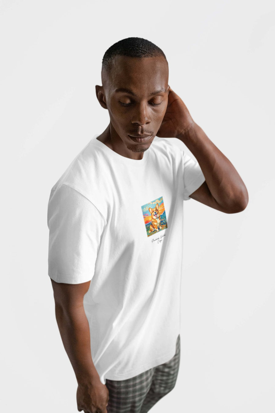 Side view of the white Poetic Corgi Joy T-Shirt from WOOF