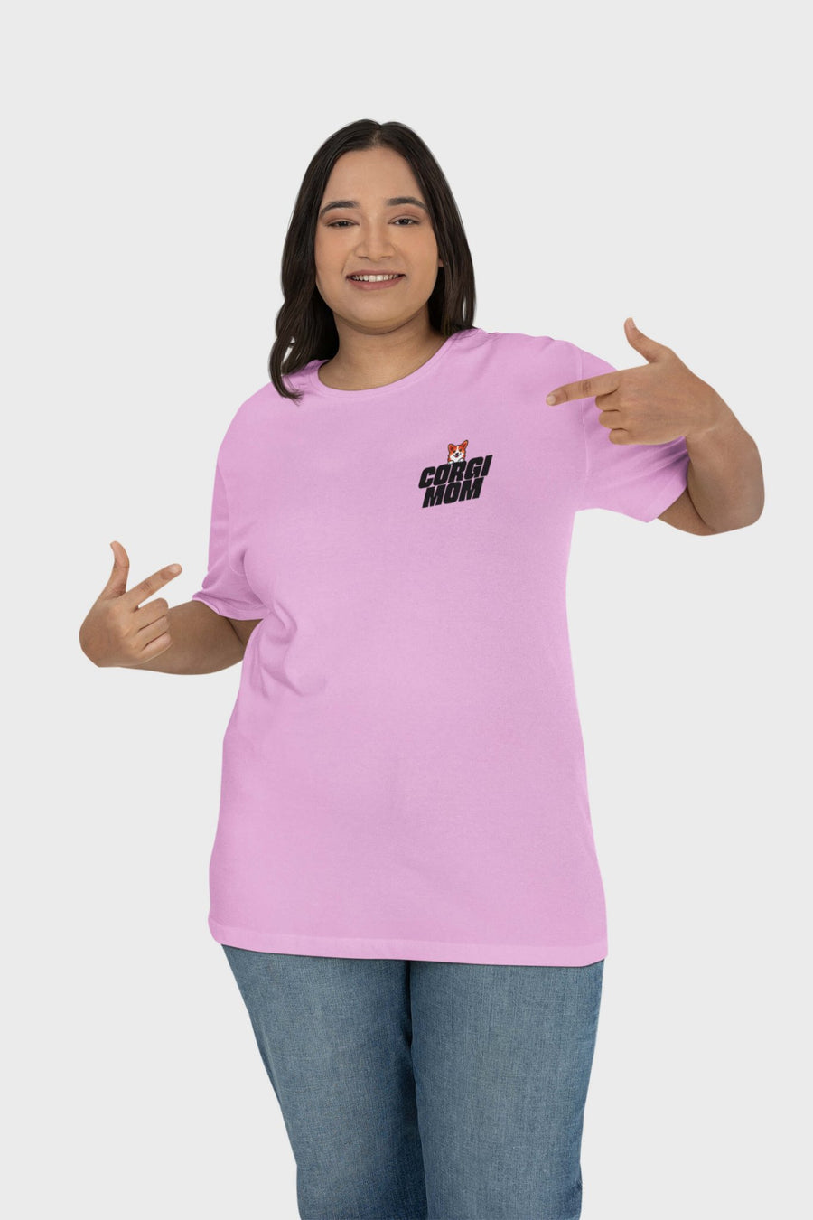 Lilac Corgi Mom Premium T-Shirt from WOOF, front view with the corgi mom print