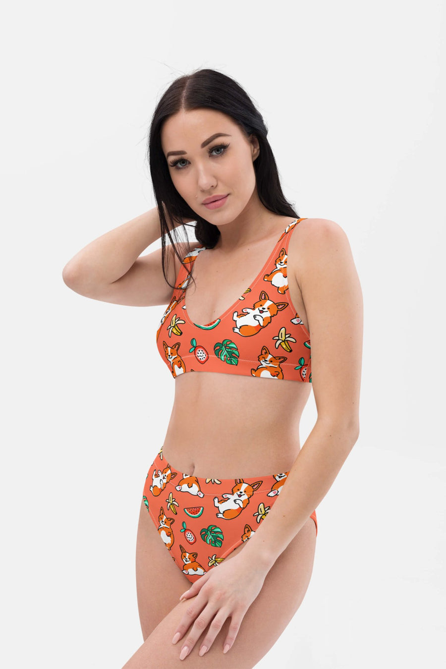 Side view of the Tropical Corgi Splash high waisted bikini from WOOF