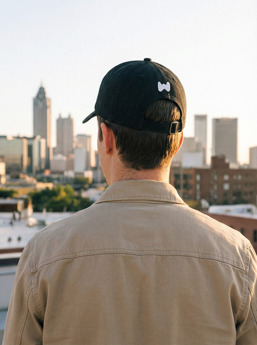 Back of the black denim Iconic Corgi Cap from WOOF with the adjustable strap