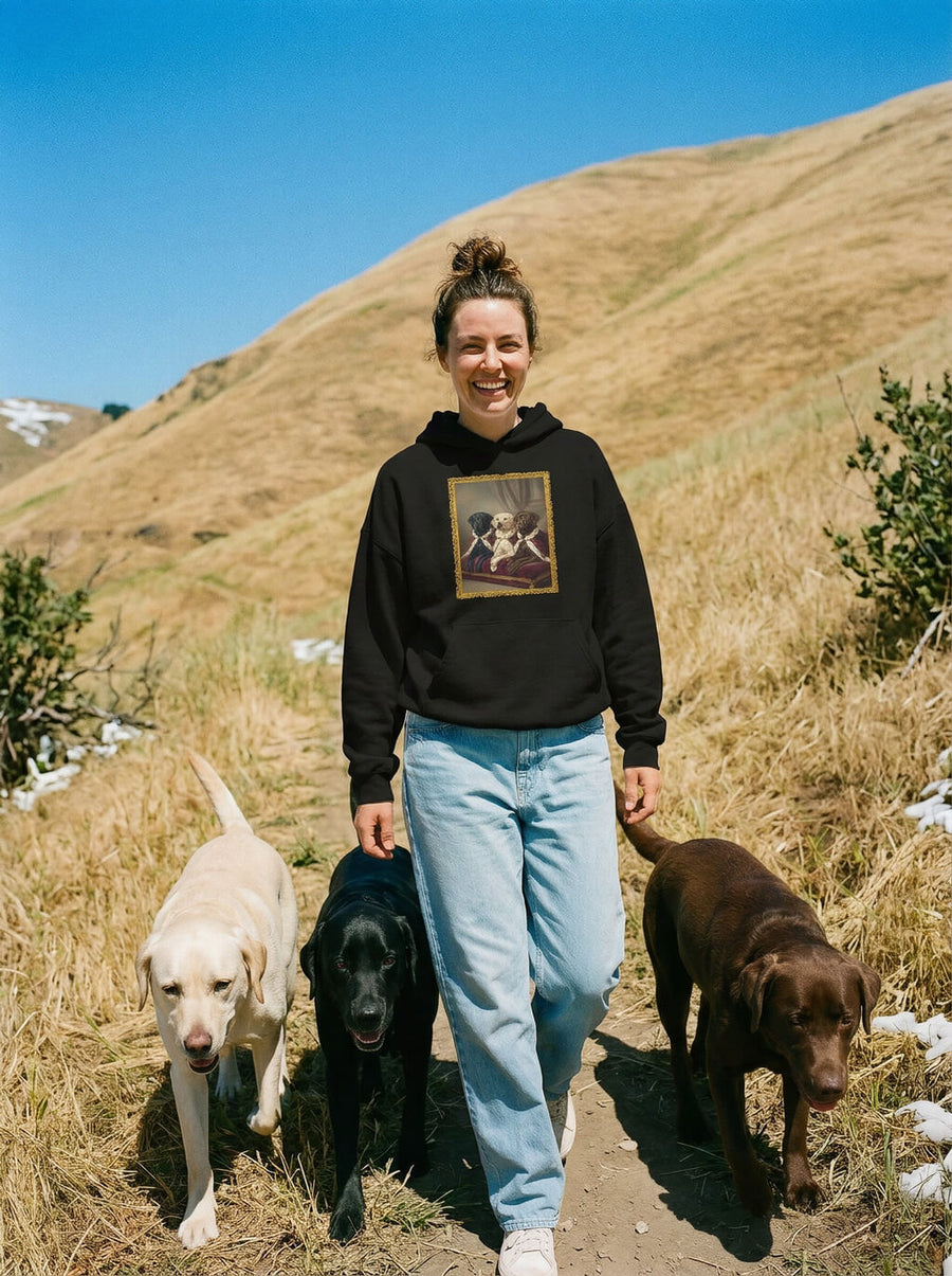Black custom royal dog portrait hoodie from WOOF, front view of the print
