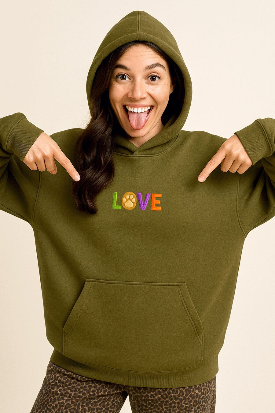 Olive Super Soft Dog Love Hoodie from WOOF on a plain background