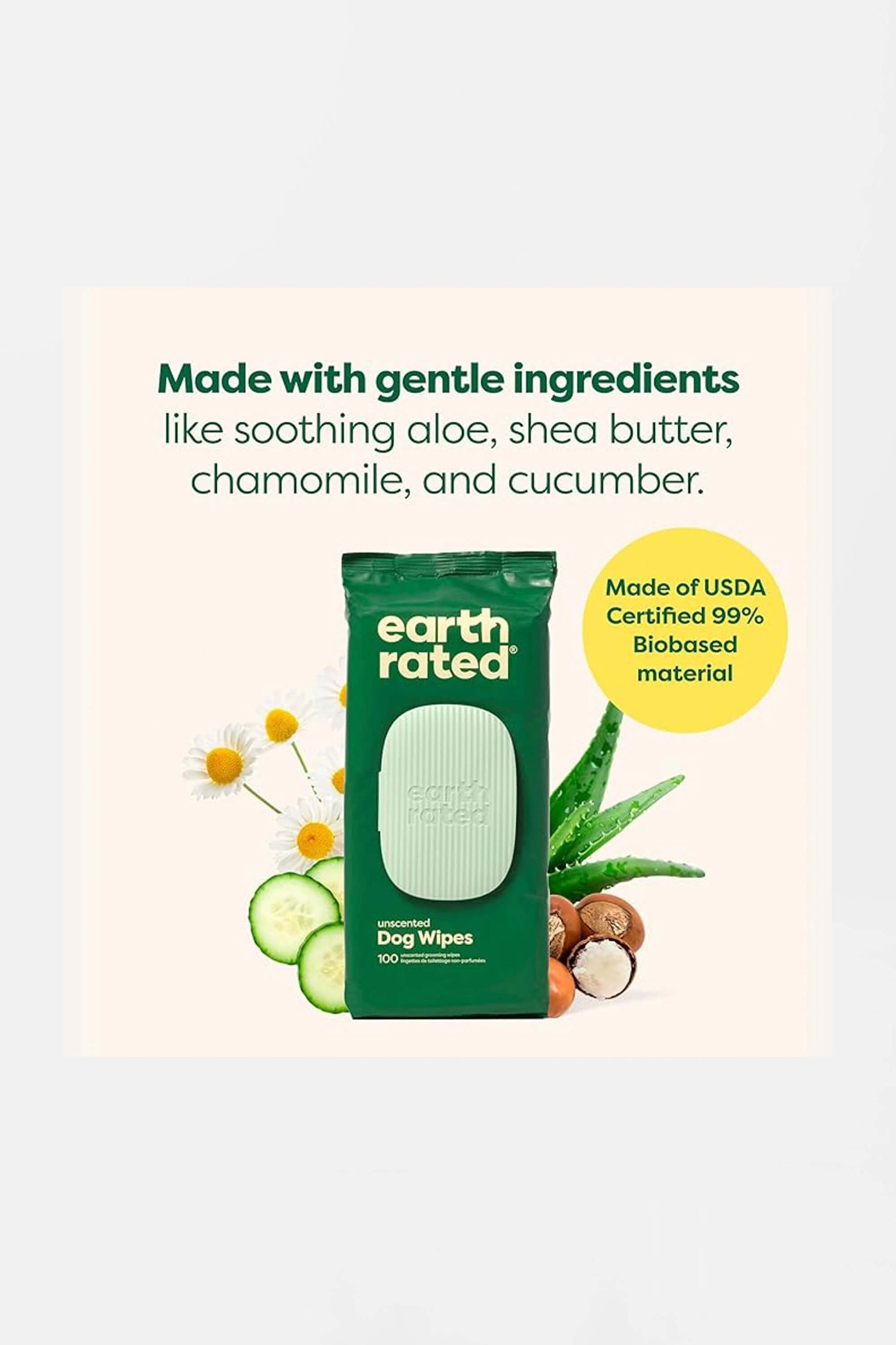 The packaging for Amazons Hypoallergenic Earth Rated Pet Wipes, 100 Count, includes the text: Made with gentle ingredients like soothing aloe, shea butter, chamomile, and cucumber, with a side circle highlighting Made of USDA Certified 99% Biobased Material.