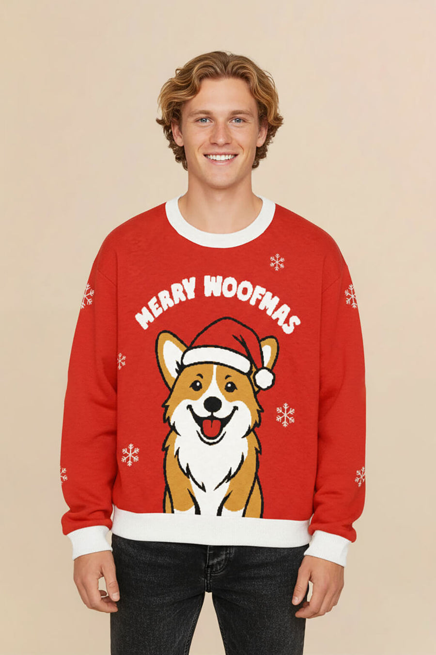 Corgi Christmas sweater from WOOF, front view of the knitted pattern