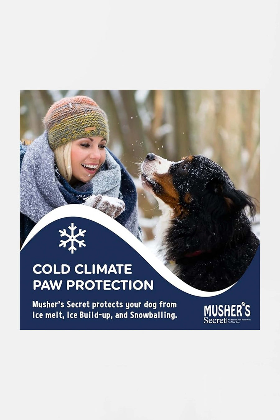 Mushers Secret paw wax from WOOF, front of the tin label