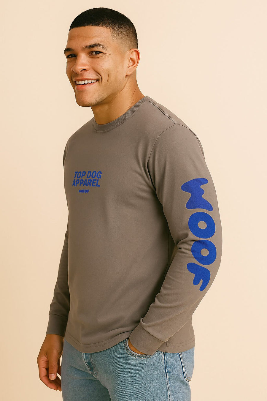 Side view of the grey Top Dog Apparel long sleeve T-Shirt from WOOF