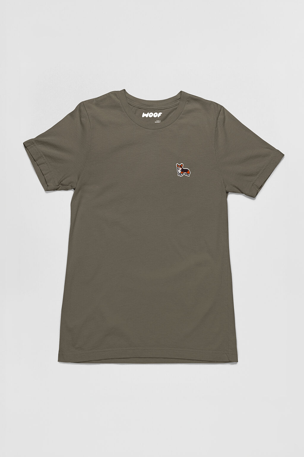 Army green Tricolor Corgi Tail Wagger T-Shirt from WOOF, front view