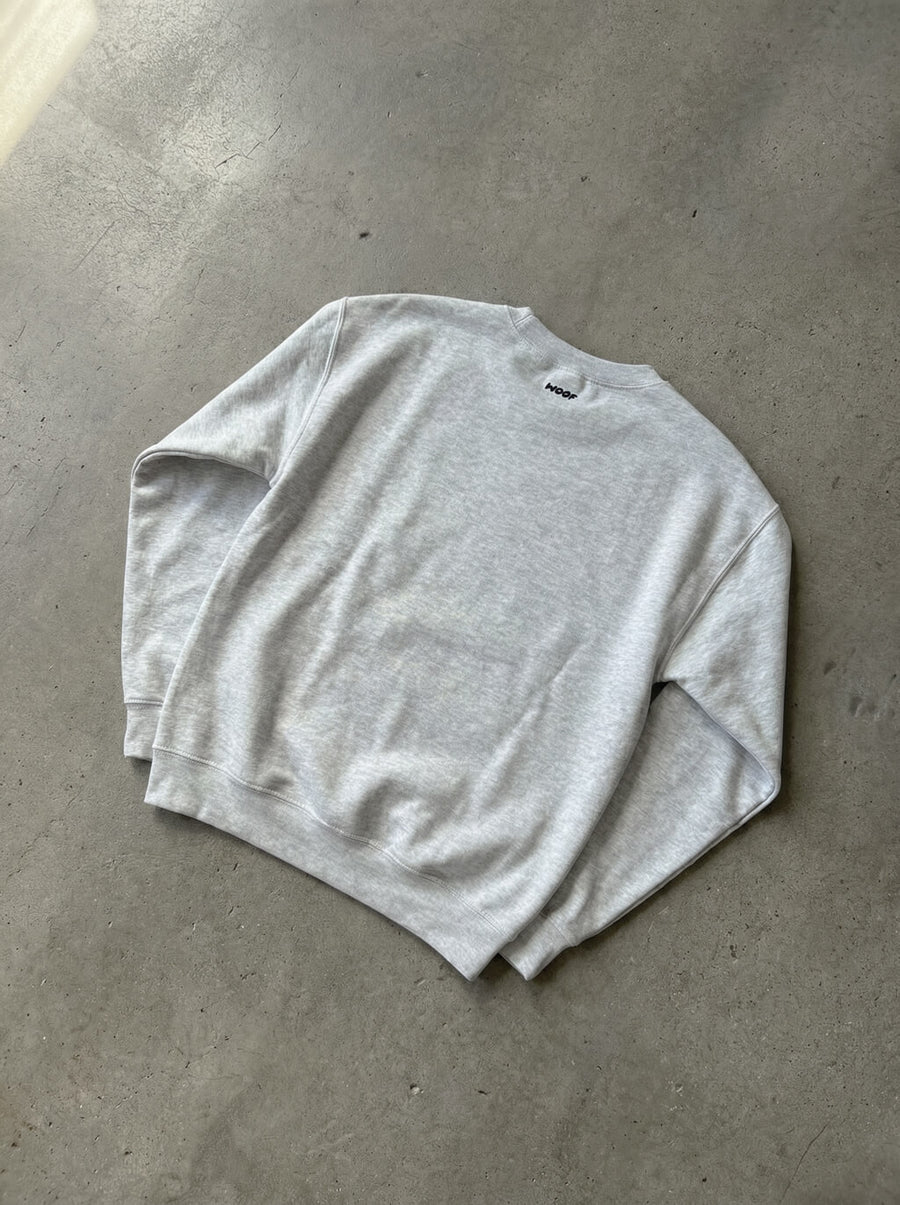 Back view of the grey Dog Person Embroidered Sweatshirt from WOOF