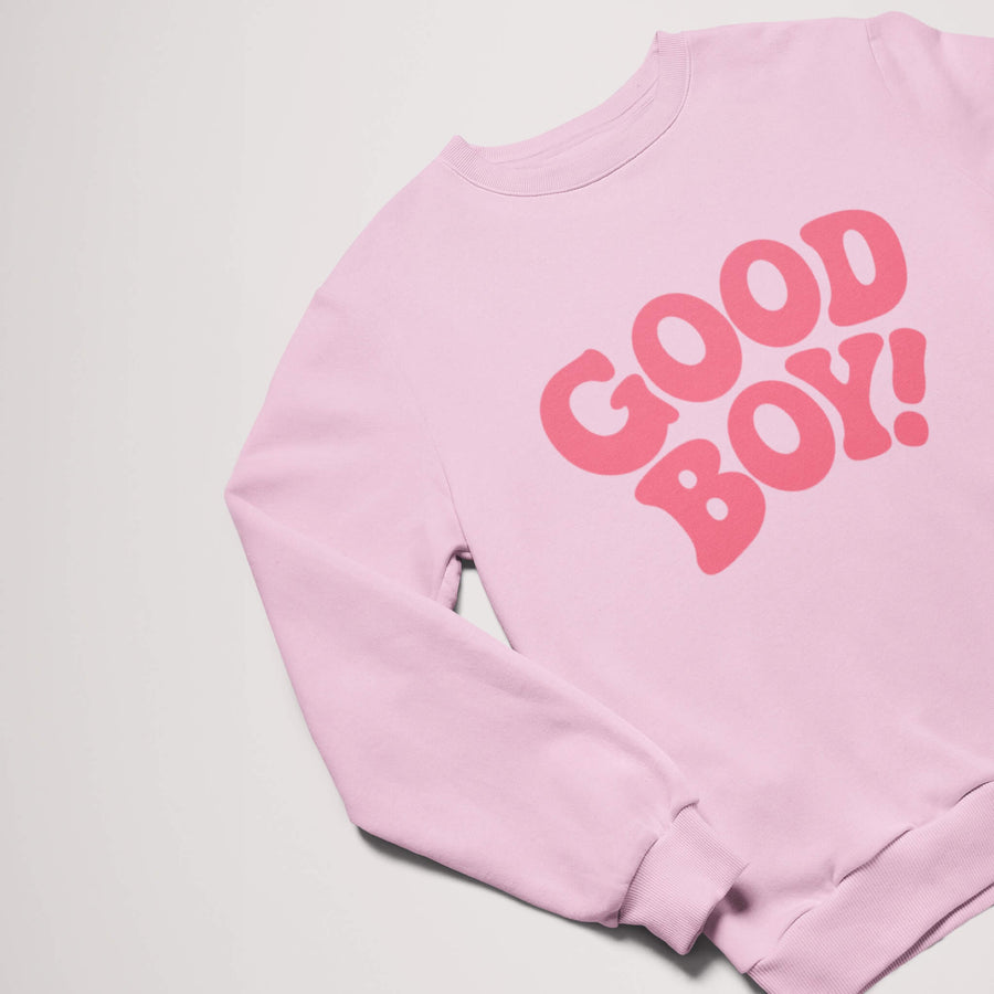Pink Good Boy Sweatshirt from WOOF with bold red GOOD BOY lettering, front view