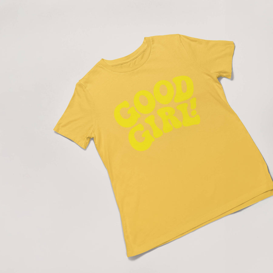 Close up of the Good Girl print on the T-Shirt from WOOF