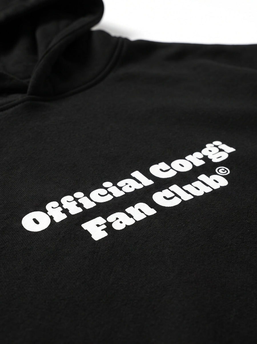 Close up of the front print on the black Official Corgi Fan Club Hoodie from WOOF