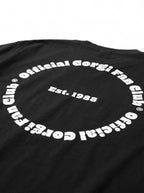 Close up of the back print on the black Official Corgi Fan Club T-Shirt from WOOF