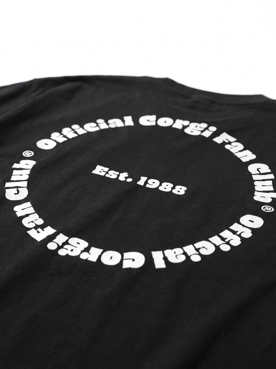 Close up of the back print on the black Official Corgi Fan Club T-Shirt from WOOF