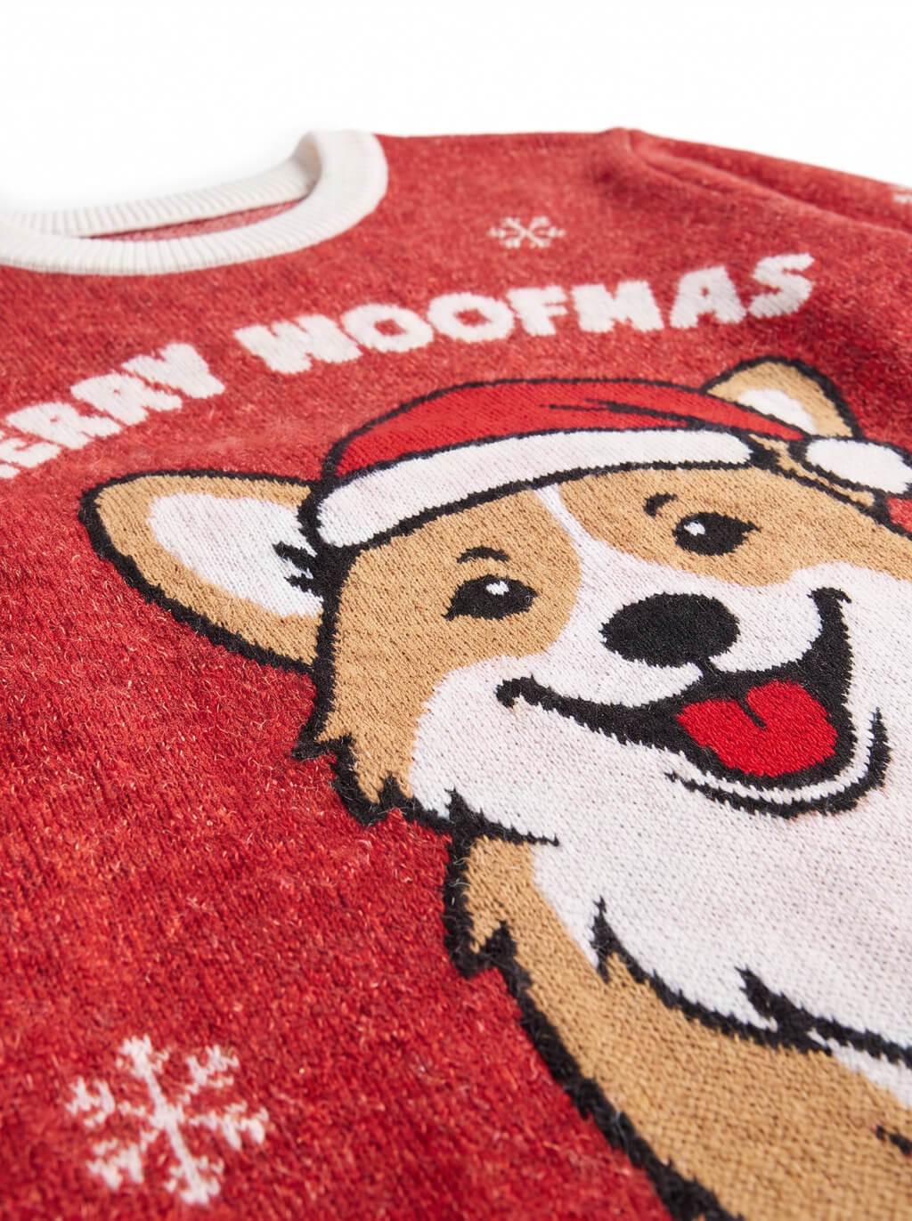 Knit texture detail on the red Corgi Christmas Knitted Sweatshirt from WOOF