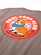 Close up of the back print on the brown Corgi Fan Club T-Shirt from WOOF