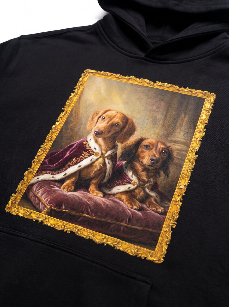 Fabric and print detail on the black Custom Royal Dog Portrait Hoodie from WOOF