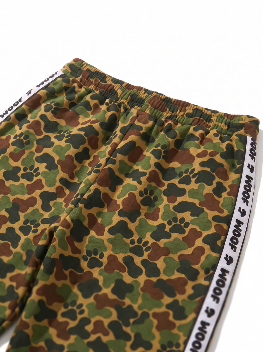 Fabric detail on the camo paw print joggers from WOOF