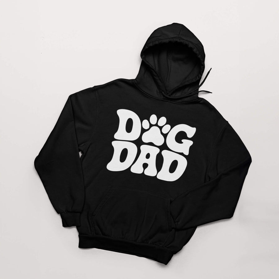 Close up of the paw print lettering on the Dog Dad Hoodie from WOOF