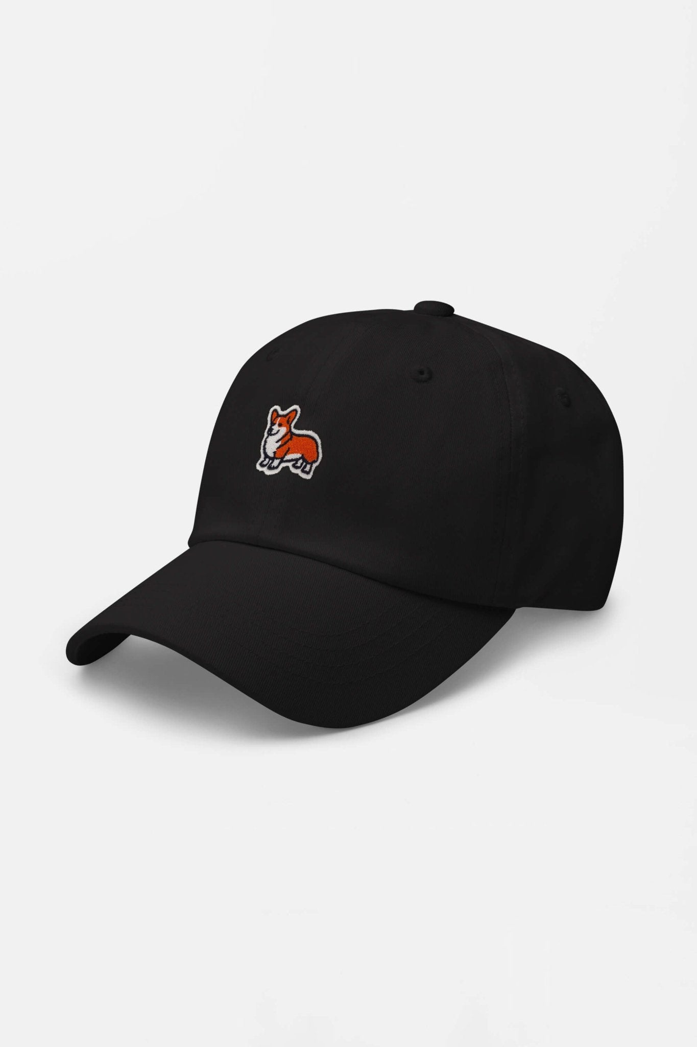 The Iconic Corgi Cap by Dogloverclothing.com features an embroidered orange and white corgi on the front—a stylish black hat thats a must-have for any dog lover.