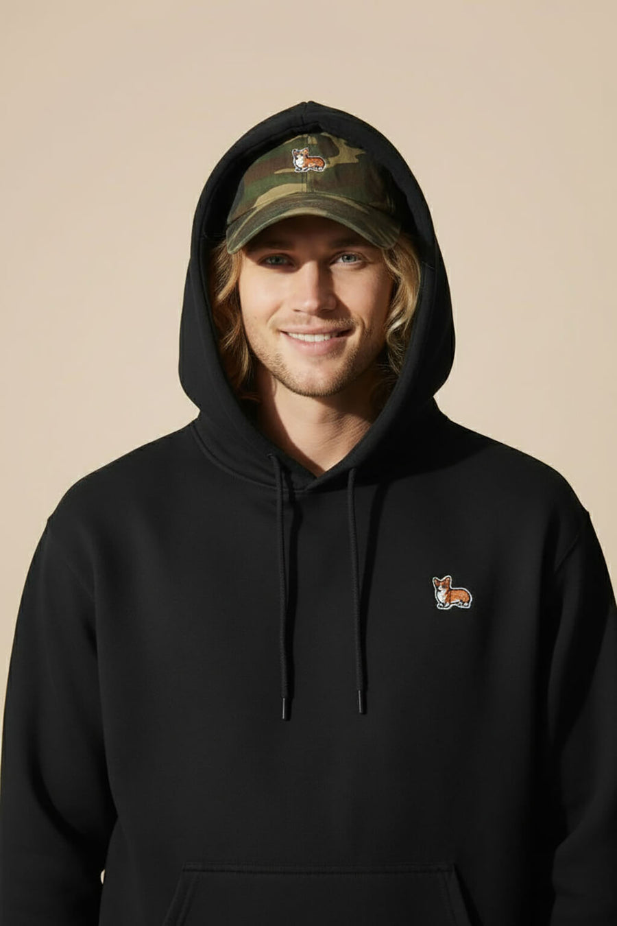 Iconic Corgi Baseball Cap from WOOF in camo, straight on front view