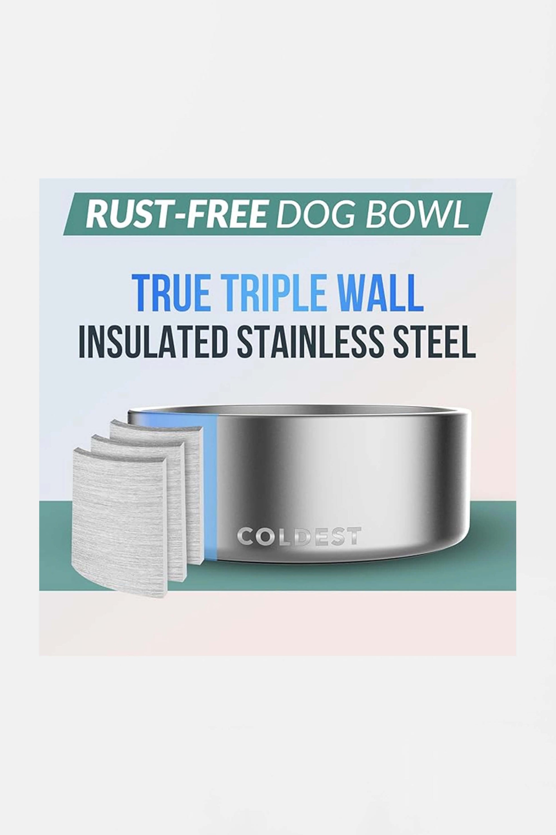 Promotional image of a rust-proof 64oz dog bowl, showcasing True Triple Wall insulated stainless steel with a cutaway view of its three layers. The bowl is branded Amazon Coldest.