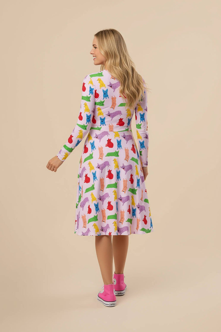 Back view of the Supreme Corgi Confetti Long Sleeve Midi Dress from WOOF