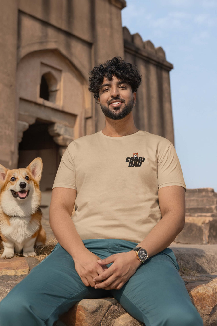 Model wearing the tan Corgi Dad Premium T-Shirt from WOOF