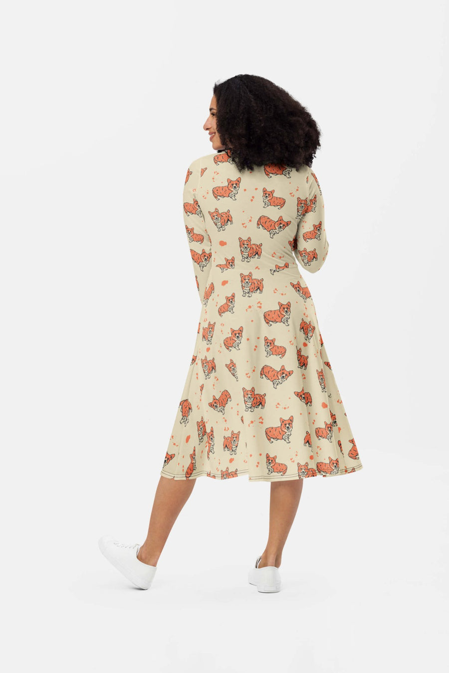 Back of the cream Cozy Corgi Long Sleeve Midi Dress from WOOF