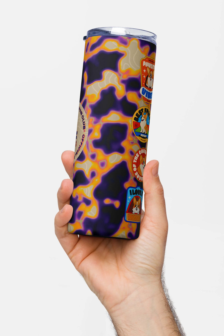 Side view of the Corgi Fan Club insulated steel tumbler from WOOF