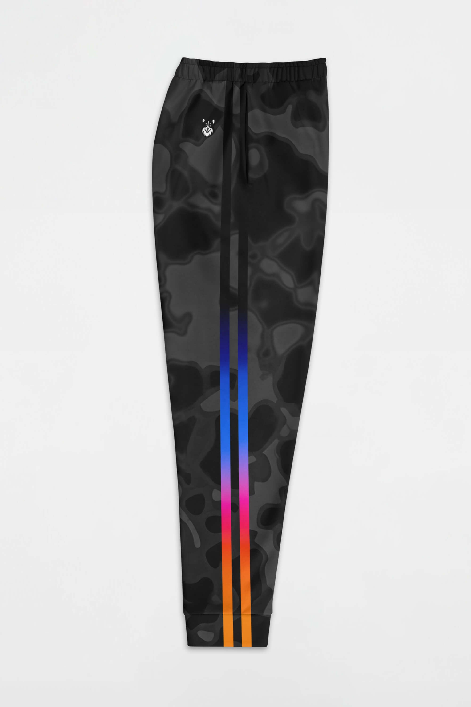 Dogloverclothing.com’s Official Corgi Fan Club© Elite Camo Joggers feature black camo, a blue-purple-pink-orange stripe down each leg, eco-friendly materials, a white logo near the left pocket, and a comfy fit. Shown on a white background.