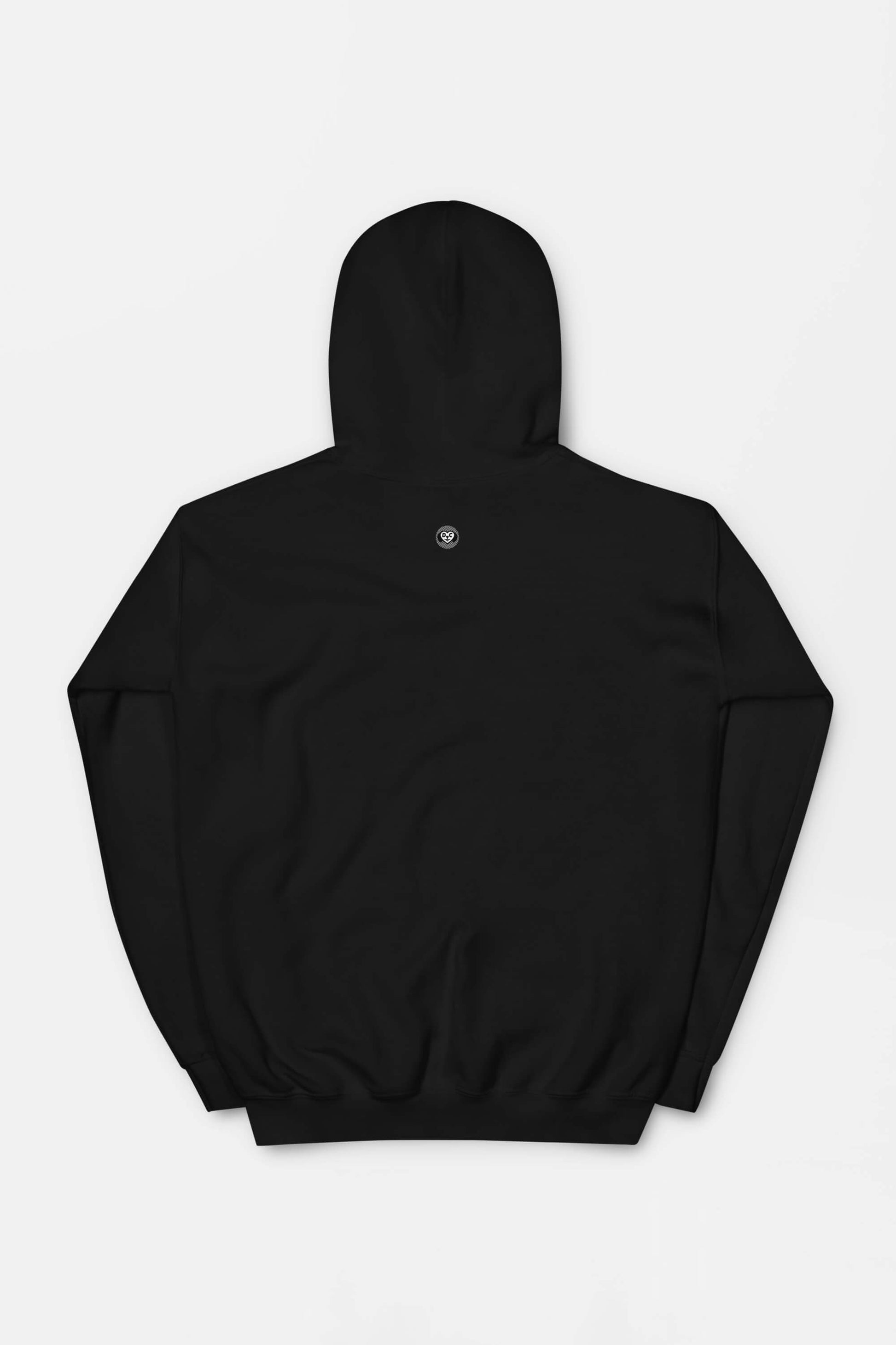 Back view of the Classic Corgi Sidekick Embroidered Unisex Hoodie by Dogloverclothing.com, a black sweatshirt with a circular neck logo. Displayed on a white background, it highlights long sleeves and a ribbed hem, ensuring maximum comfort.