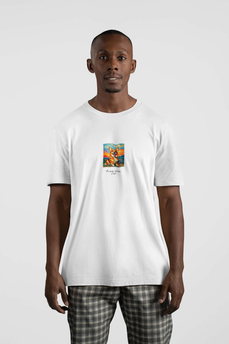 White Poetic Corgi Joy T-Shirt from WOOF, front view