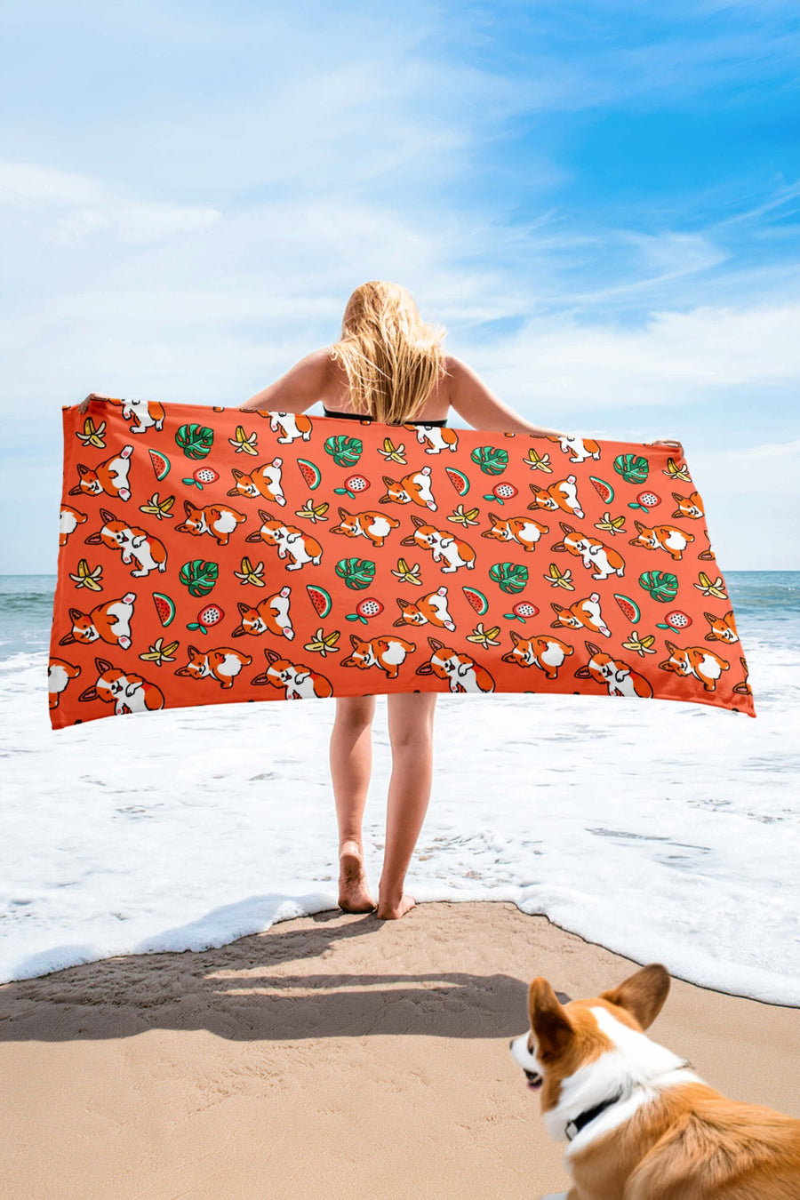 Tropical Corgi Chill Out Towel from WOOF laid out on the sand