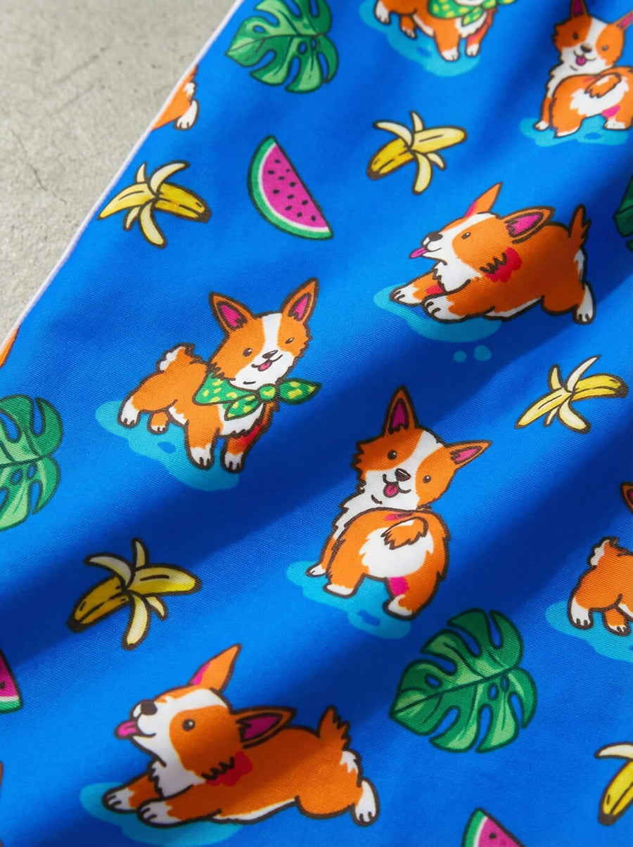 Drawstring and waistband detail on the corgi swim shorts from WOOF
