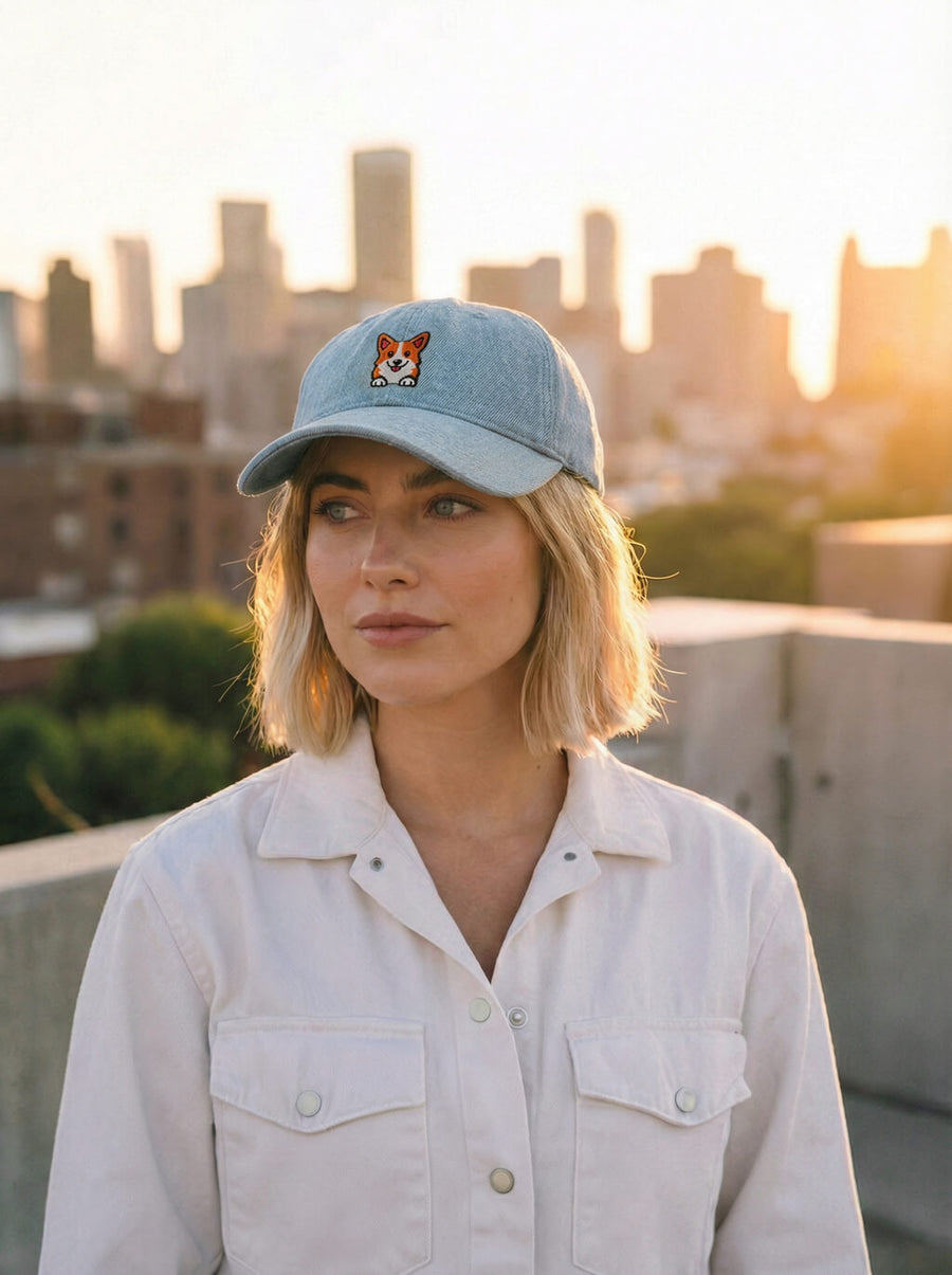 Light blue denim Iconic Corgi Cap from WOOF, front view