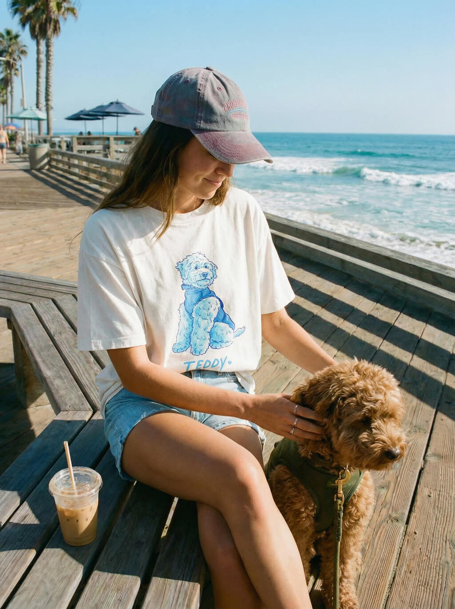 Custom dog caricature T-Shirt from WOOF in white, hand drawn portrait from your photo