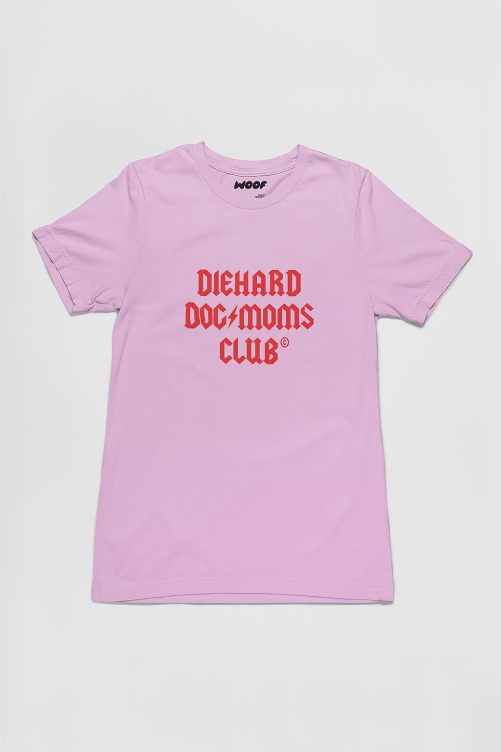 Lilac Diehard Dog Moms Club T-Shirt from WOOF, front view of the print